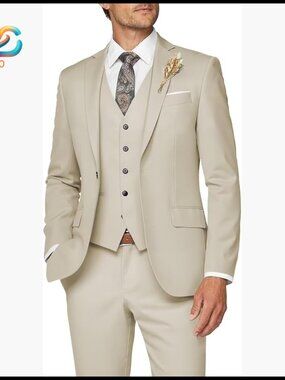 Slim Fit 3-Piece Suit, Polyester Blend, Formal Business Wedding Prom Tuxedo